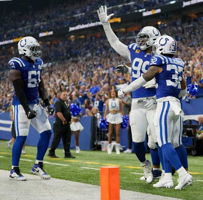 Indianapolis Colts defensive tackle DeForest Buckner (99) celebrates after scoring a touchdown Sunday, Sept. 10, 2023, during a game against the Jacksonville Jaguars at Lucas Oil Stadium in Indianapolis.  